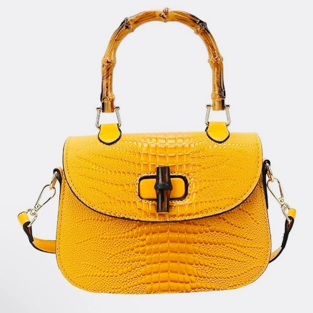 Elegant Yellow Crocodile Satchel with Bamboo Handle - Picture 1 of 3
